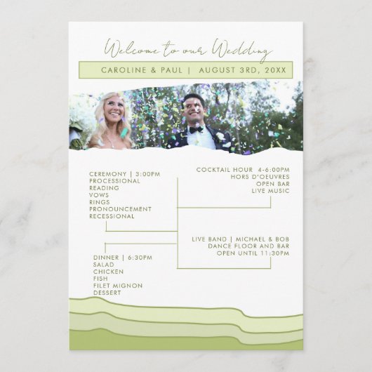 編集可能な淡い緑のソフトパステルウェディングプログラムのレイアウト プログラム (正面)