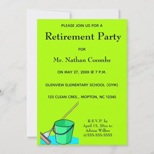 編集可能な清掃員・管理人・お手伝いさん 引退・退職の招待状 モップとバケツ 招待状 (正面)