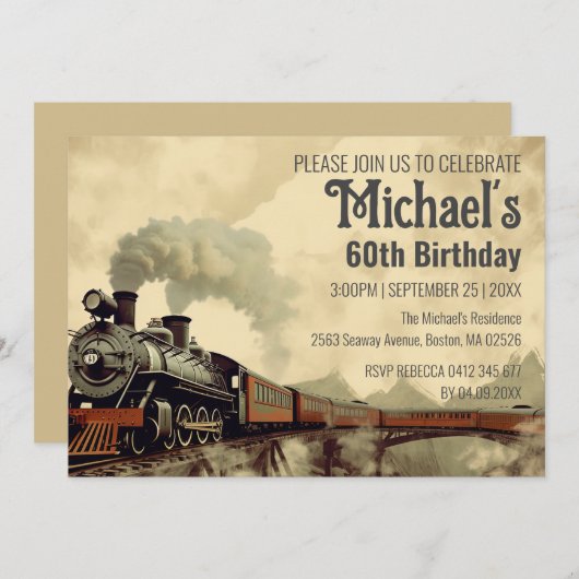 編集可能な煙橋ヴィンテージ蒸気トレイン誕生日 招待状 (正面/裏面)