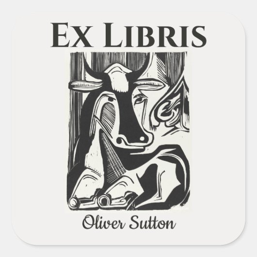 編集可能な牛の横たわる蔵書票ステッカー スクエアシール (正面)