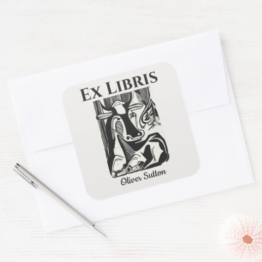 編集可能な牛の横たわる蔵書票ステッカー スクエアシール (封筒)