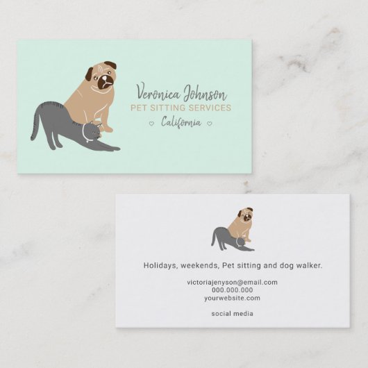 編集可能な犬猫用イラストレーションミントペットシッティング 名刺 (正面/裏面)
