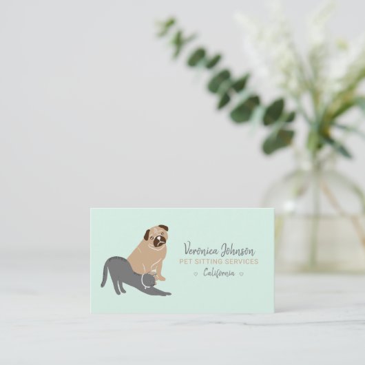 編集可能な犬猫用イラストレーションミントペットシッティング 名刺 (スタンド正面)