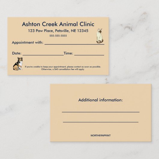 編集可能な獣医クリニックアポイントメントカード 名刺 (正面/裏面)