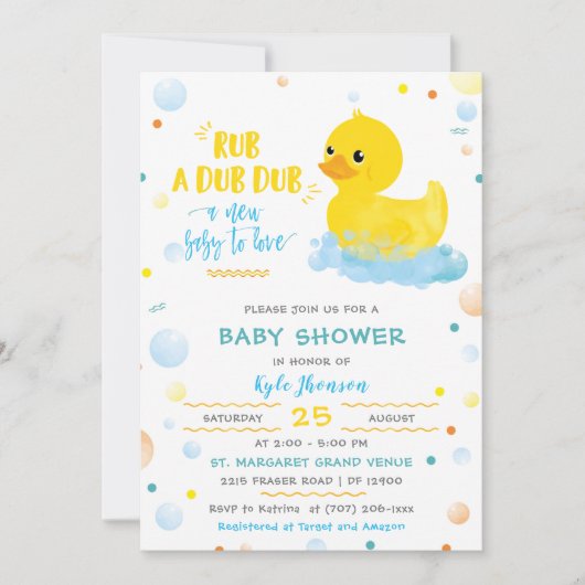編集可能な男の子ゴムアヒル赤ちゃんシャワー 招待状 (正面)