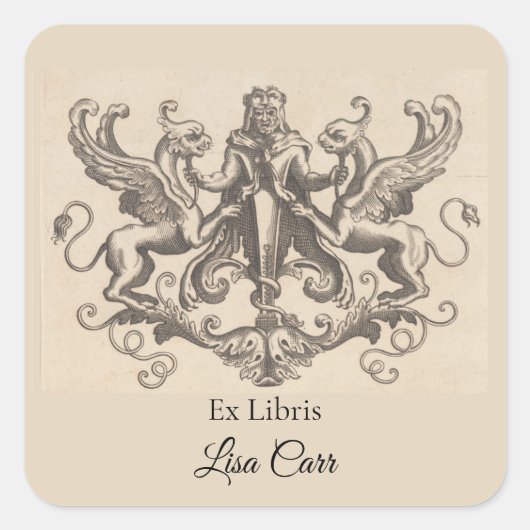 編集可能な男性と2つのグリフィン蔵書票 スクエアシール (正面)