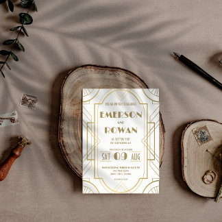 編集可能な白と金のアルデコ ガツビー 1920年代 招待状