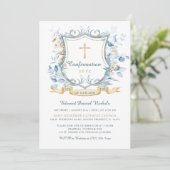 編集可能な確認ブルーと金ゴールドモノグラム 招待状 (スタンド正面)