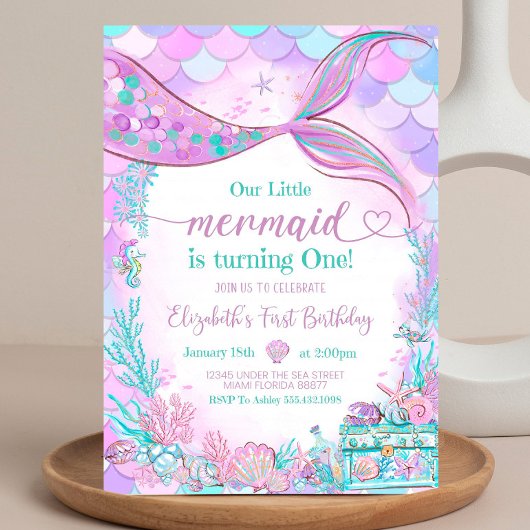 編集可能な私たちの小さな人魚パープルティール（緑がかった色）リトルメール 招待状