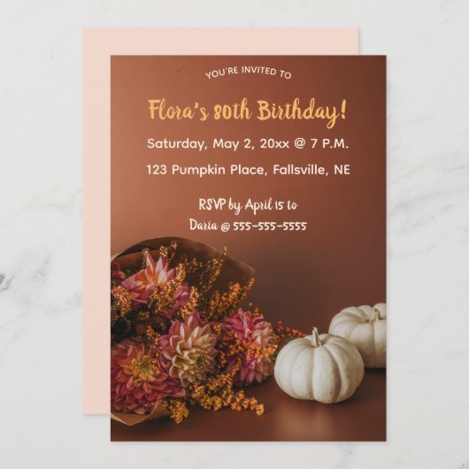 編集可能な秋の花とカボチャの誕生日 招待状 (正面/裏面)