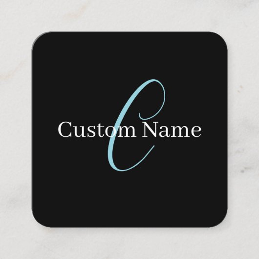 編集可能な筆記体スクリプトモノグラムブラックブルーホワイト スクエア名刺 (正面)