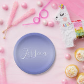 編集可能な筆記体スクリプト | 白＆紫のバイオレット ペーパープレート (パーティー)