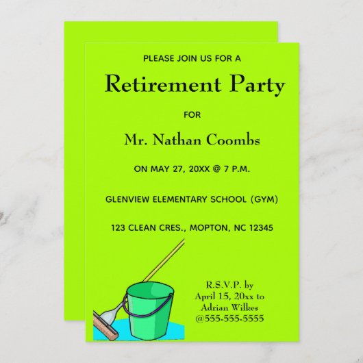 編集可能な管理人の管理人モップとペール退職 招待状 (正面/裏面)