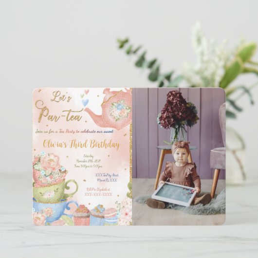 編集可能な紅茶パーティーフォト招待状 招待状 (スタンド正面)