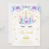 編集可能な紫色の花のユニコーン誕生日 招待状 (正面)