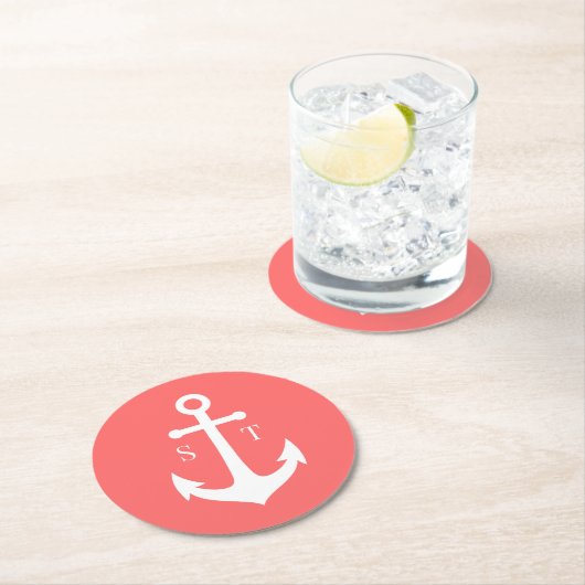 編集可能な背景色モノグラムいかり結婚ズ ラウンドペーパーコースター (インサイチュ)