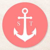 編集可能な背景色モノグラムいかり結婚ズ ラウンドペーパーコースター (正面)