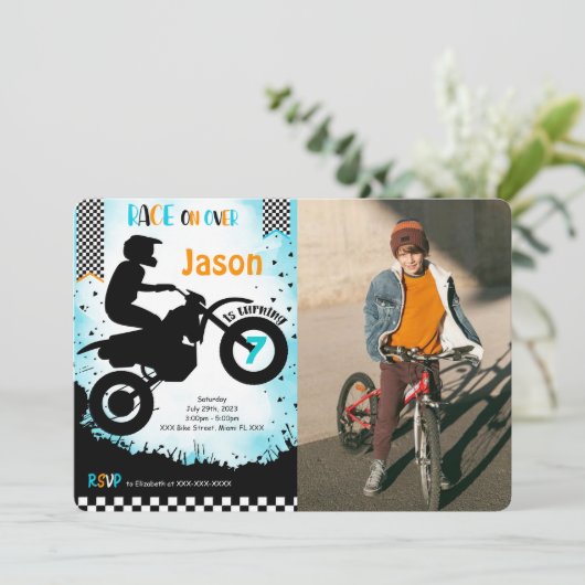 編集可能な自転車誕生日写真招待状 招待状 (スタンド正面)