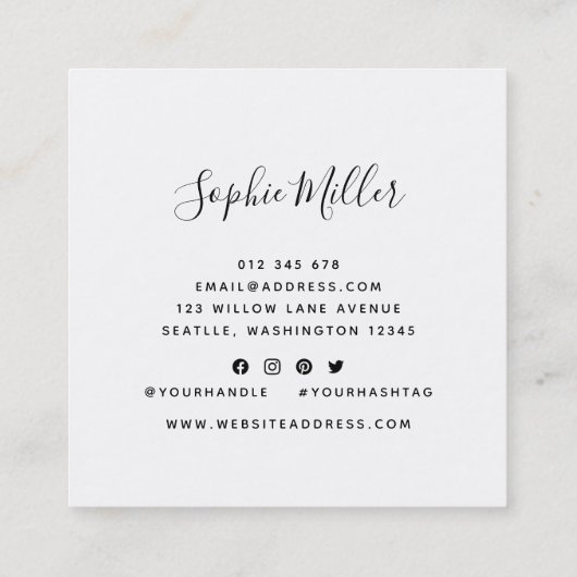 編集可能な色の書道スクリプトソーシャルメディア スクエア名刺 (裏面)