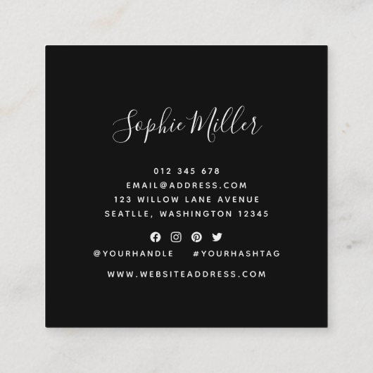 編集可能な色の書道スクリプトソーシャルメディア スクエア名刺 (裏面)