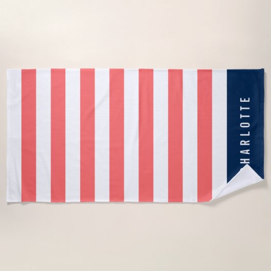 編集可能な色(白い色ストライプ付き) [名前を追加] ビーチタオル (正面)