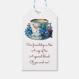 編集可能な花とカップと金ゴールドリムティーパウチ付き ギフトタグ