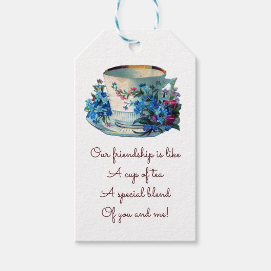 編集可能な花とカップと金ゴールドリムティーパウチ付き ギフトタグ (正面)