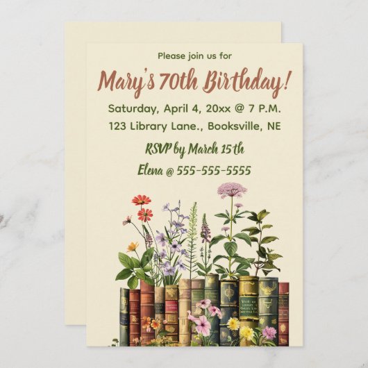 編集可能な花と本の誕生日 招待状 (正面/裏面)