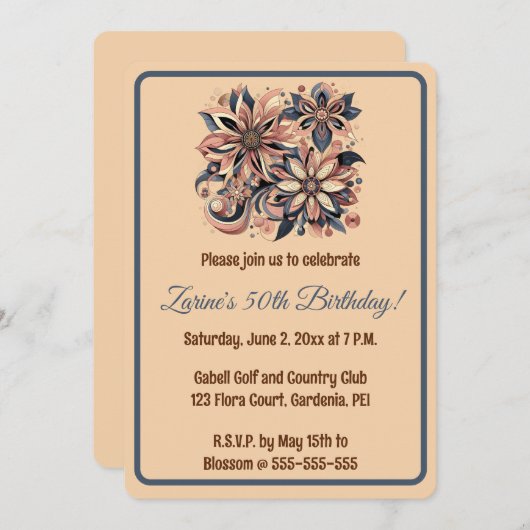 編集可能な花と渦巻きのデザイン 招待状 (正面/裏面)