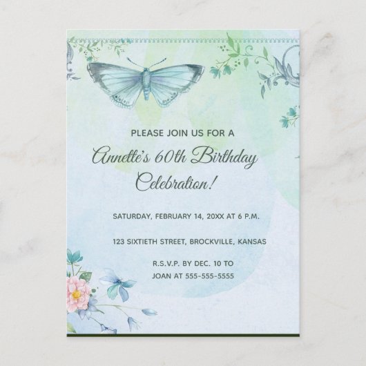 編集可能な花と蝶の誕生日招待状 インビテーションポストカード (正面)