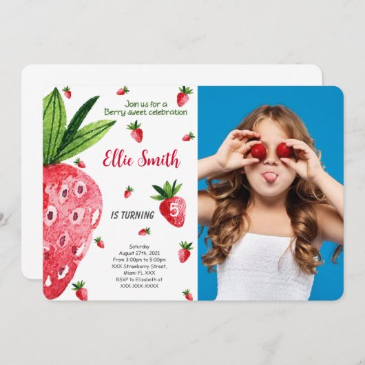 編集可能な苺の誕生日写真招待状 招待状 (正面/裏面)
