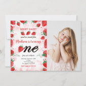 編集可能な苺の誕生日写真招待状 招待状 (正面)