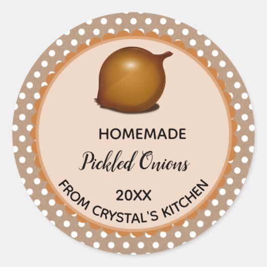 編集可能な茶色の水玉模様漬け玉ねぎラベル ラウンドシール (正面)