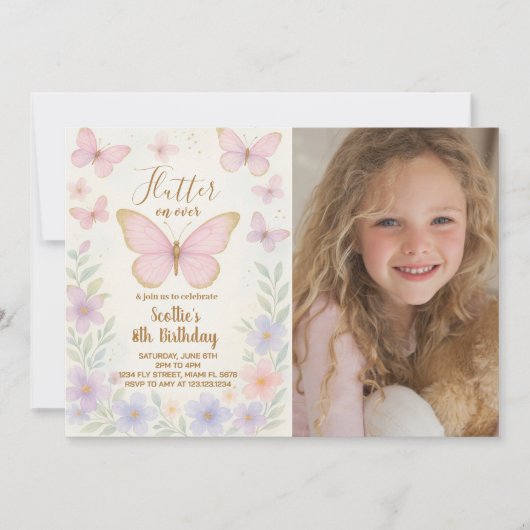 編集可能な蝶の誕生日パーティー招待状 招待状 (正面)