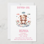 編集可能な誕生日の女の子テディベアの招待状 🧸💖 招待状 (正面)