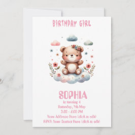 編集可能な誕生日の女の子テディベアの招待状 🧸💖 招待状
