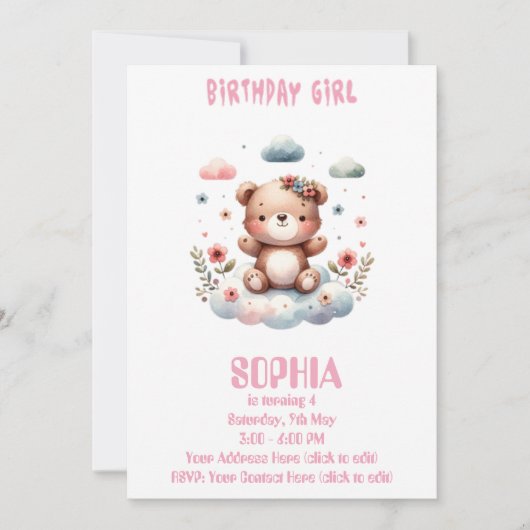 編集可能な誕生日の女の子テディベアの招待状 🧸💖 招待状 (正面)