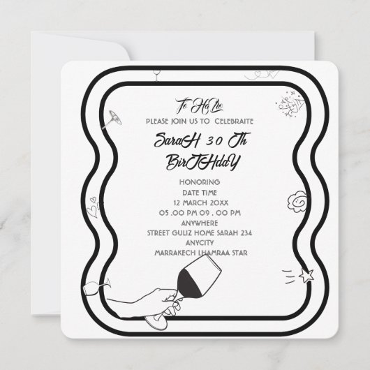 編集可能な誕生日パーティー招待ハンドドロー招待 招待状 (正面)