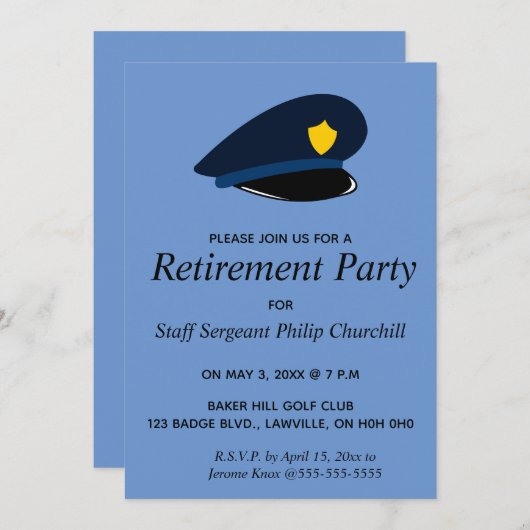 編集可能な警察官の帽子引退招待状 招待状 (正面/裏面)