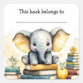 編集可能な象と書籍の蔵書票シール スクエアシール (正面)