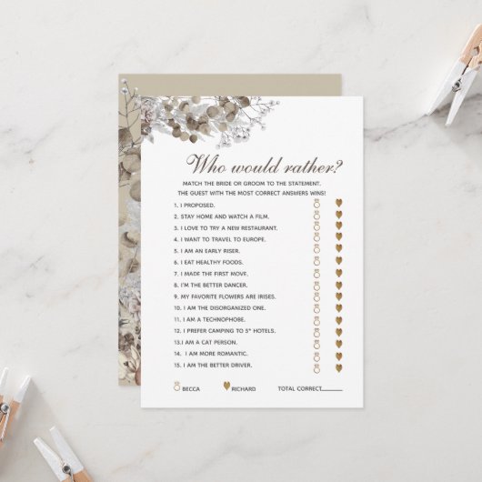 編集可能な質問素朴ブライダルシャワーゲームカード 招待状 (正面/裏面インサイチュ)