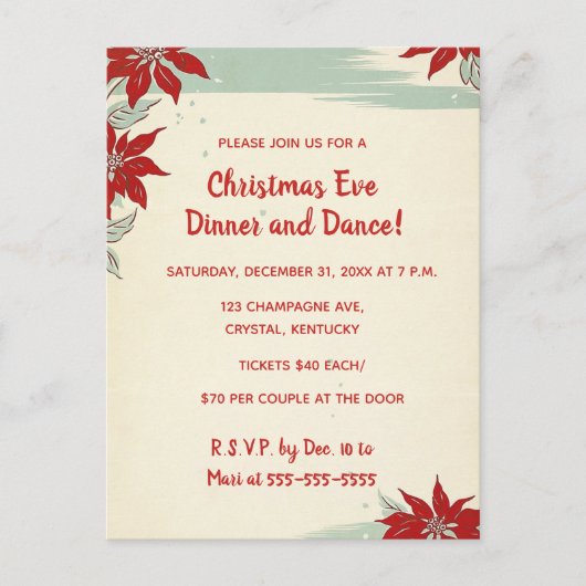 編集可能な赤ポインセティアスクリスマスディナーダンス インビテーションポストカード (正面)