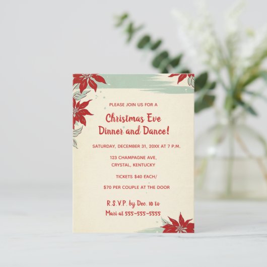 編集可能な赤ポインセティアスクリスマスディナーダンス インビテーションポストカード (スタンド正面)