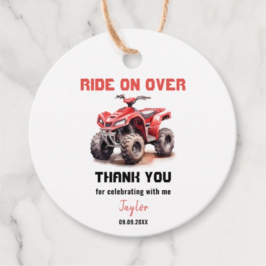 編集可能な赤ATVホイーラーバイク誕生日 フェイバータグ (正面)