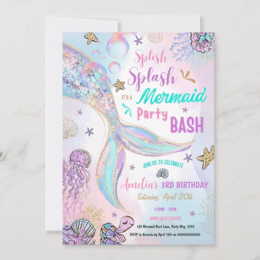 編集可能な輝きの人魚パーティー招待状 プールガール 招待状 (正面)