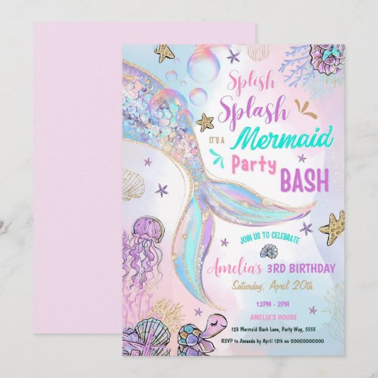 編集可能な輝き人魚パーティー招待プールガール 招待状 (正面/裏面)
