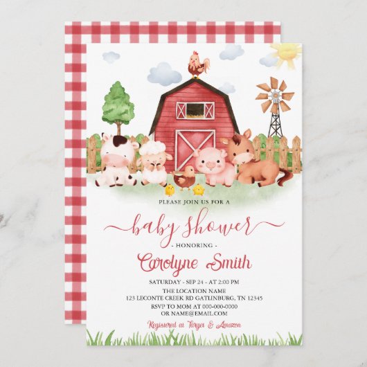 編集可能な農業動物ベビーシャワー招待状 招待状 (正面/裏面)