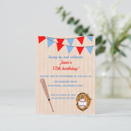 編集可能な野球ソフトボール誕生日 インビテーションポストカード (スタンド正面)