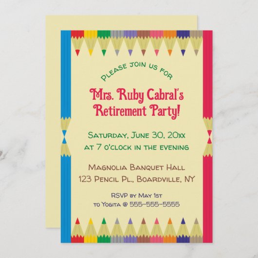 編集可能な鉛筆クレヨン教師引退パーティー 招待状 (正面/裏面)