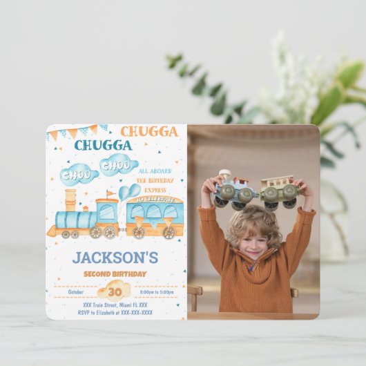 編集可能な電車の誕生日写真招待状 招待状 (スタンド正面)